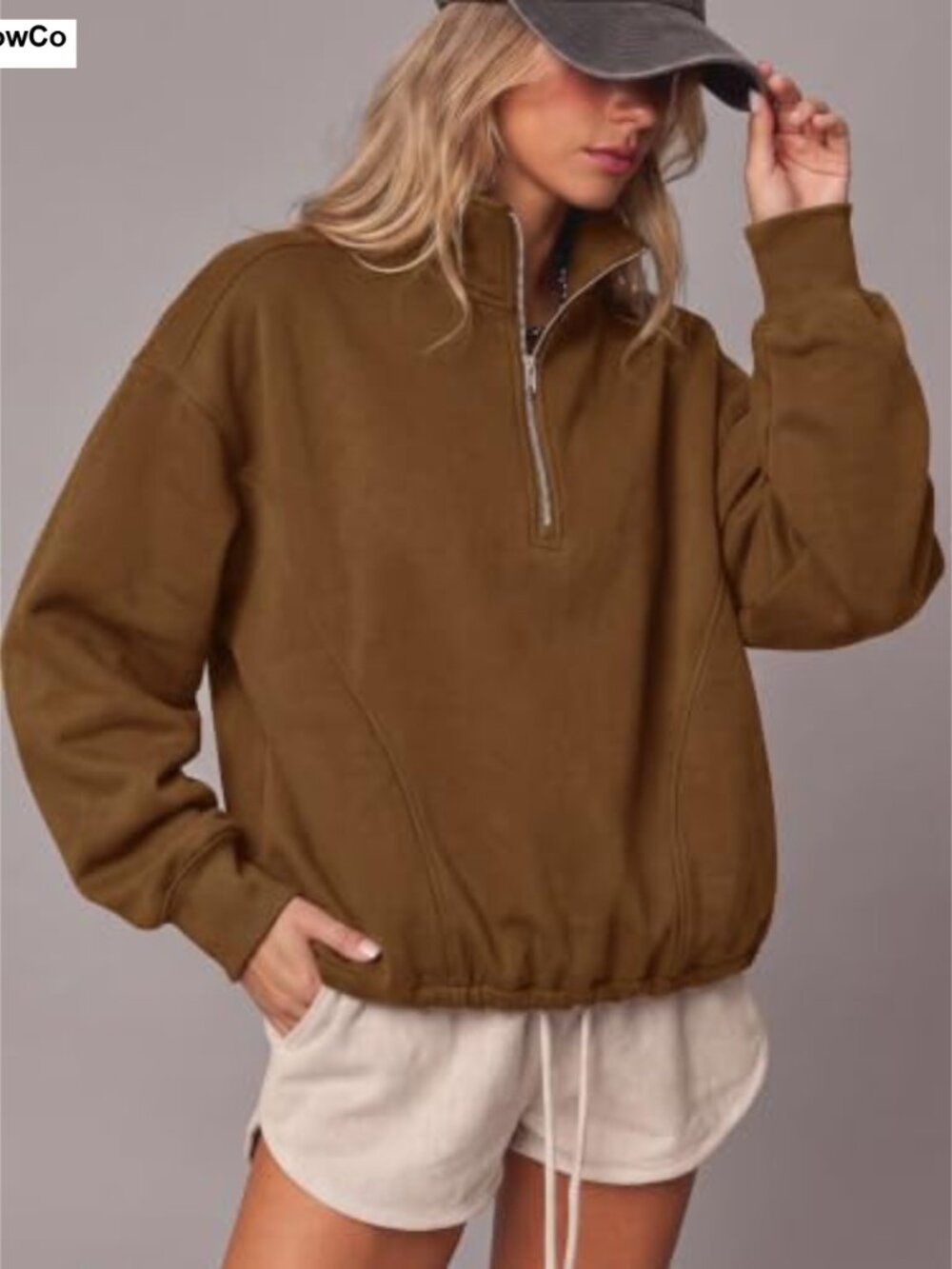 Oversized Half Zip Fleece Sweatshirt Pullover Drawstring Hem Women - Picture 3 of 5